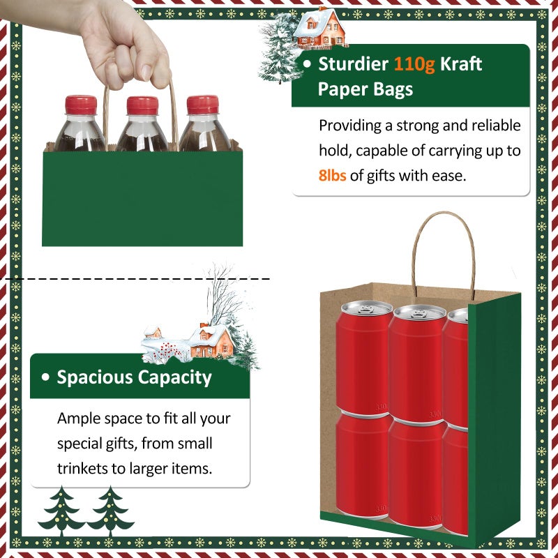 BagDream Forest Green Gift Bags with Handles 8x4.25x10.5 Inch 25Pcs Medium Kraft Paper Bags for Christmas, Thanksgiving, Craft, Party Favors, Retail, Grocery, Recyclable Paper Sacks - Image 3