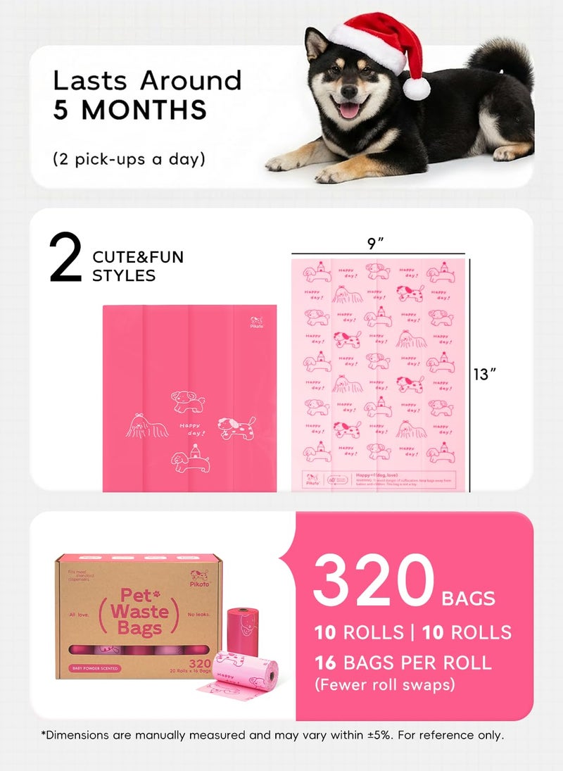 Pikoto Dog Poop Bags Rolls, 320 Count (20 Refills) - 60% Recycled Plastic Baby Powder Scented - Leak Proof, Extra Thick Waste Bag with Easy-Peel Sticker (Pink) - Image 2