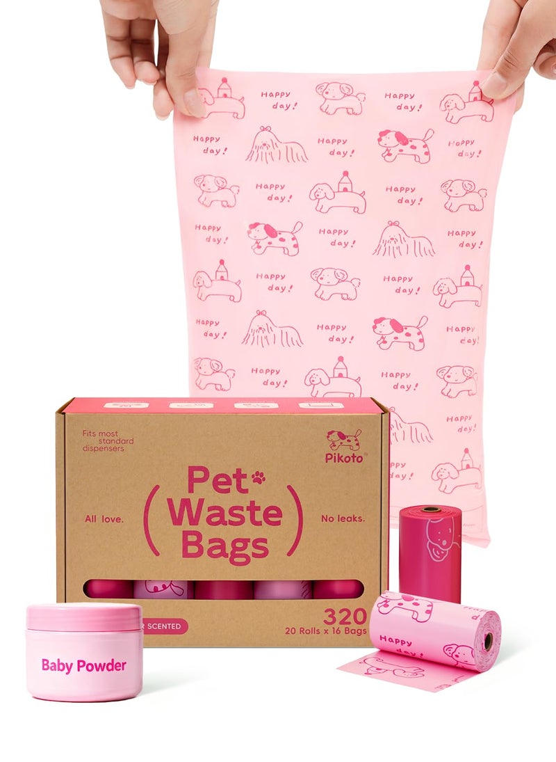 Pikoto Dog Poop Bags Rolls, 320 Count (20 Refills) - 60% Recycled Plastic Baby Powder Scented - Leak Proof, Extra Thick Waste Bag with Easy-Peel Sticker (Pink) - Image 1