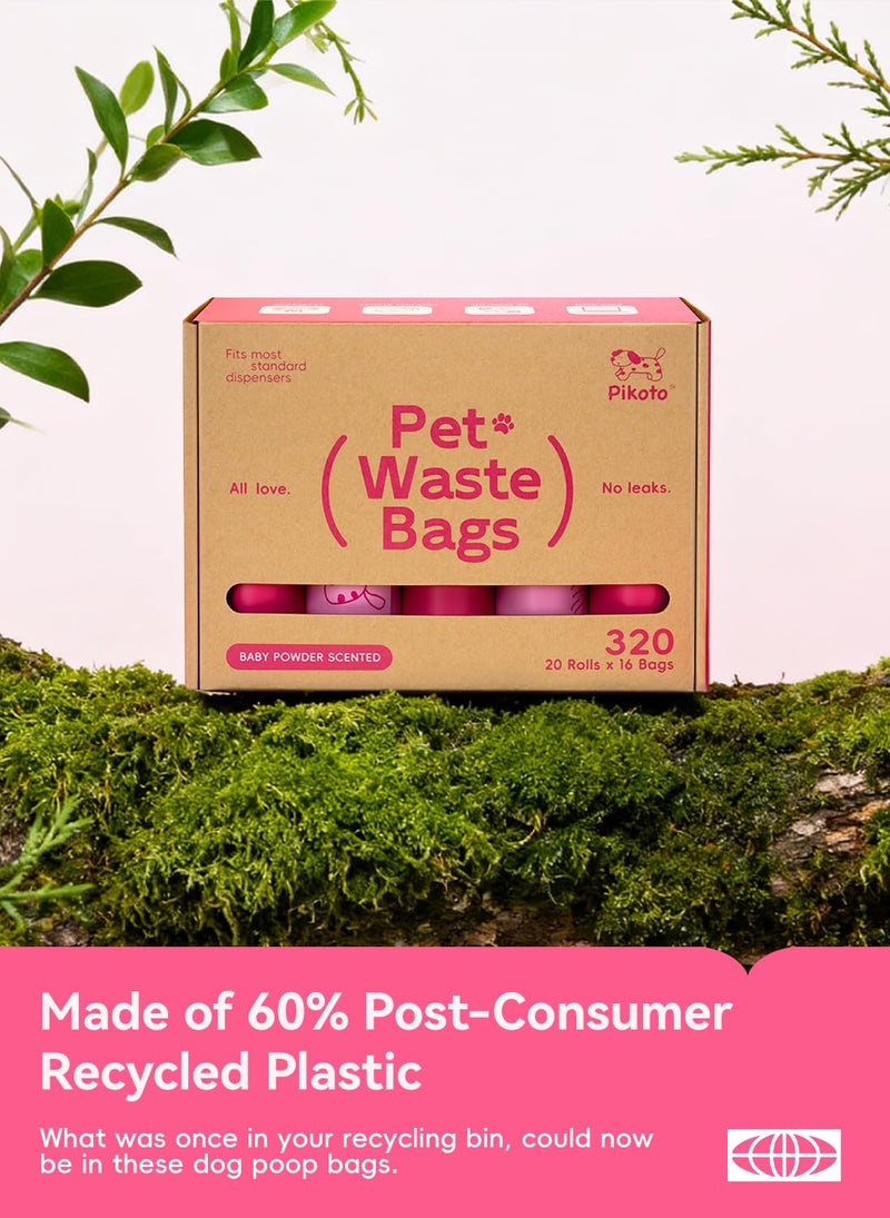Pikoto Dog Poop Bags Rolls, 320 Count (20 Refills) - 60% Recycled Plastic Baby Powder Scented - Leak Proof, Extra Thick Waste Bag with Easy-Peel Sticker (Pink) - Image 5