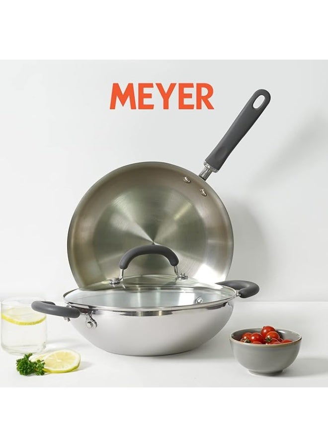 ماير طقم أواني طهي Meyer Trivantage من الفولاذ المقاوم للصدأ (خالٍ من النيكل) - 3 قطع | طقم ثلاثي الطبقات بقاعدة سميكة | مناسب لمواقد الحث الكهرومغناطيسي - يتضمن: مقلاة مقاس 20 سم + وعاء "كاداي" مع غطاء مشترك قابل للتبديل - فضي - Image 4