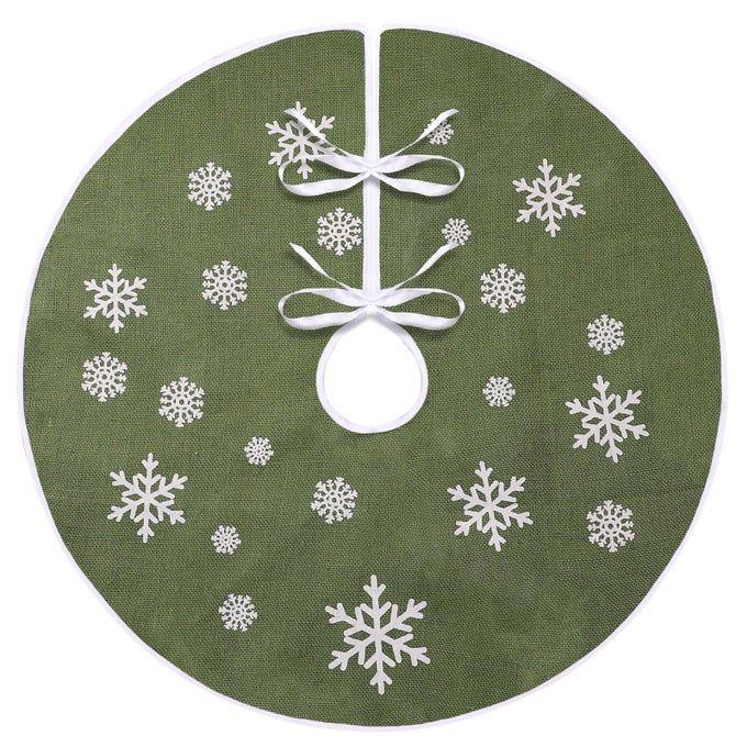 Christmas Small Tree Skirt 30 Inch Green Burlap Tree Mat with White Snowflake Printed for 5FT Xmas Tree Farmhouse Holiday Party Indoor Home Decorations
