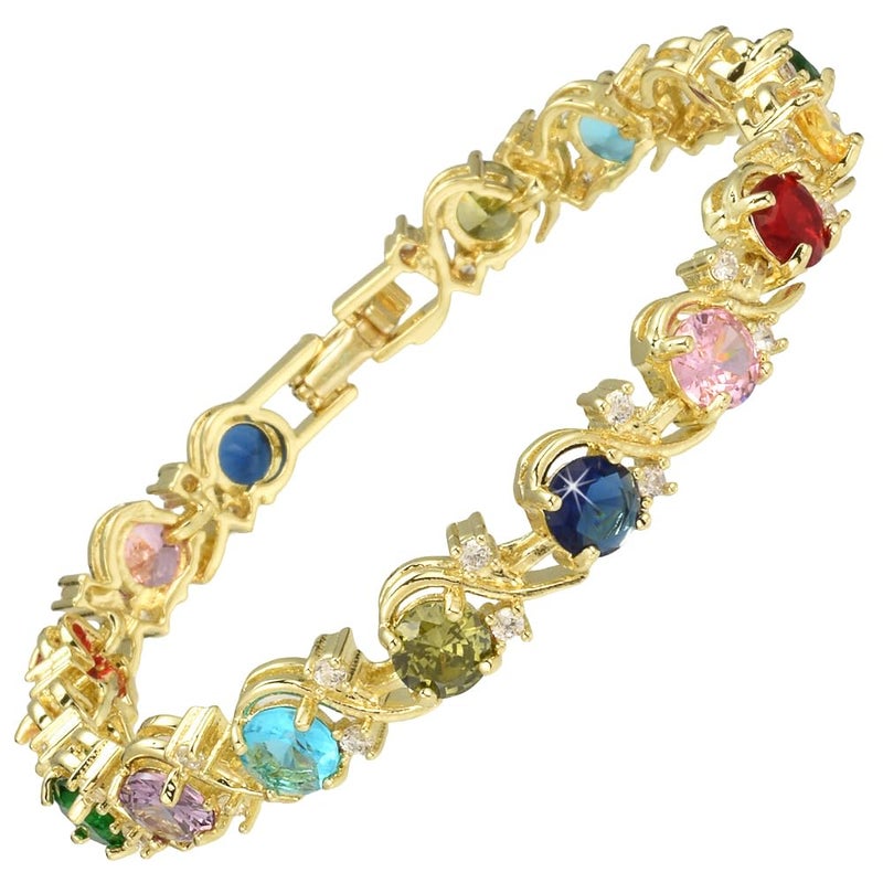 RIZILIA BLOSSOM Tennis Bracelet & Round Cut CZ [Simulated Multi-color] in Yellow Gold Plated, 7" - Image 2
