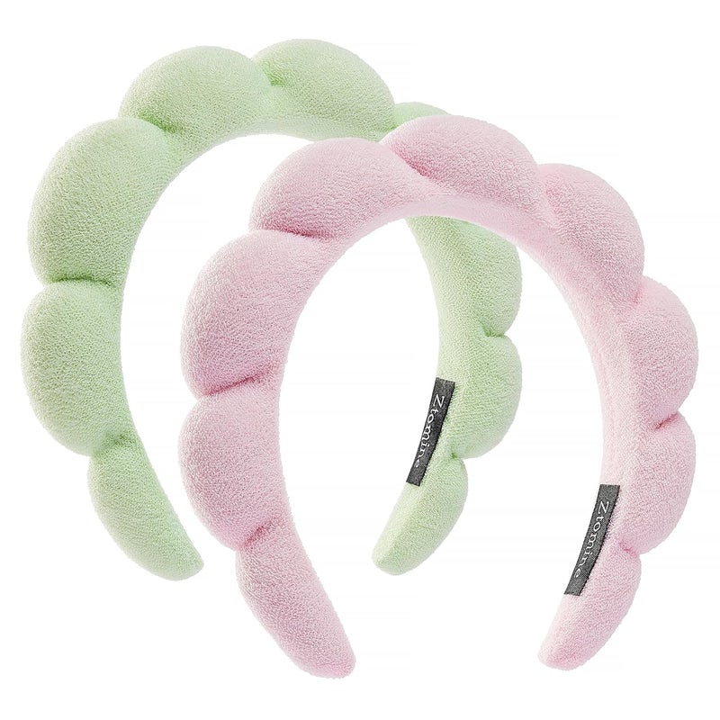 Ztomine Store Spa Headbands - Set of 2 Terry Cloth Face Wash Headbands for Makeup Removal, Mask (Pink + Light Green) - Image 1