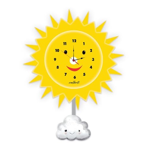 wallkriti Smiling Sun and Cloud Kids Wall Clock, Yellow, Decorative Nursery Room Clock - Image 1