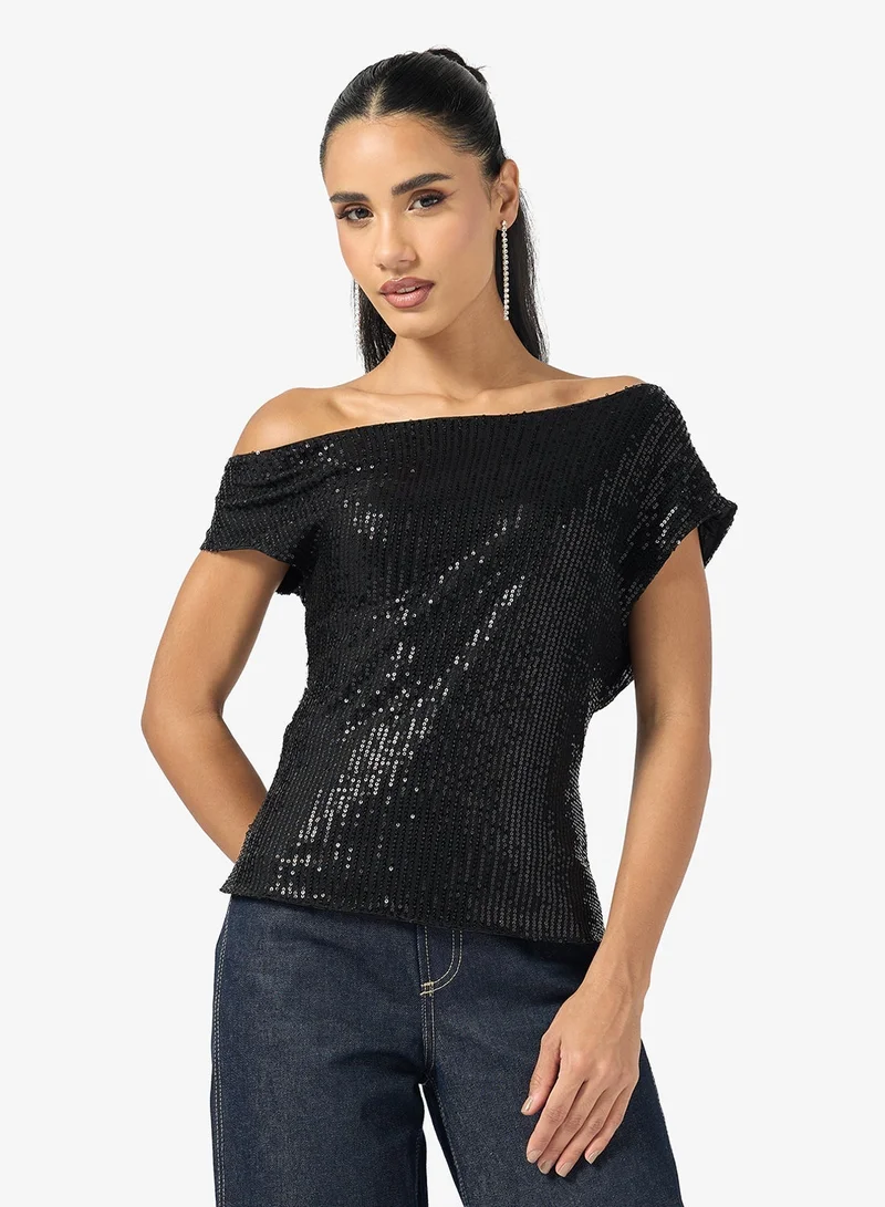 Ginger Drop Shoulder Sequin Draped Top