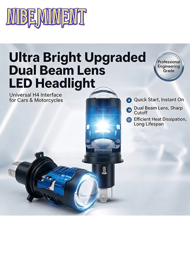 NIBEMINENT 2Pcs H4 LED Headlight Bulbs with Projector Lens, 50W Hi/Lo Beam Fish Eye LED Headlight Conversion Kit, 6000K White Super Bright Plug & Play Headlamp, 12V-36V Universal for Motorcycle Car Truck ATV - Image 2