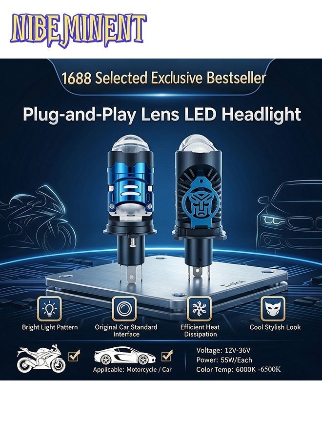 NIBEMINENT 2Pcs H4 LED Headlight Bulbs with Projector Lens, 50W Hi/Lo Beam Fish Eye LED Headlight Conversion Kit, 6000K White Super Bright Plug & Play Headlamp, 12V-36V Universal for Motorcycle Car Truck ATV - Image 4