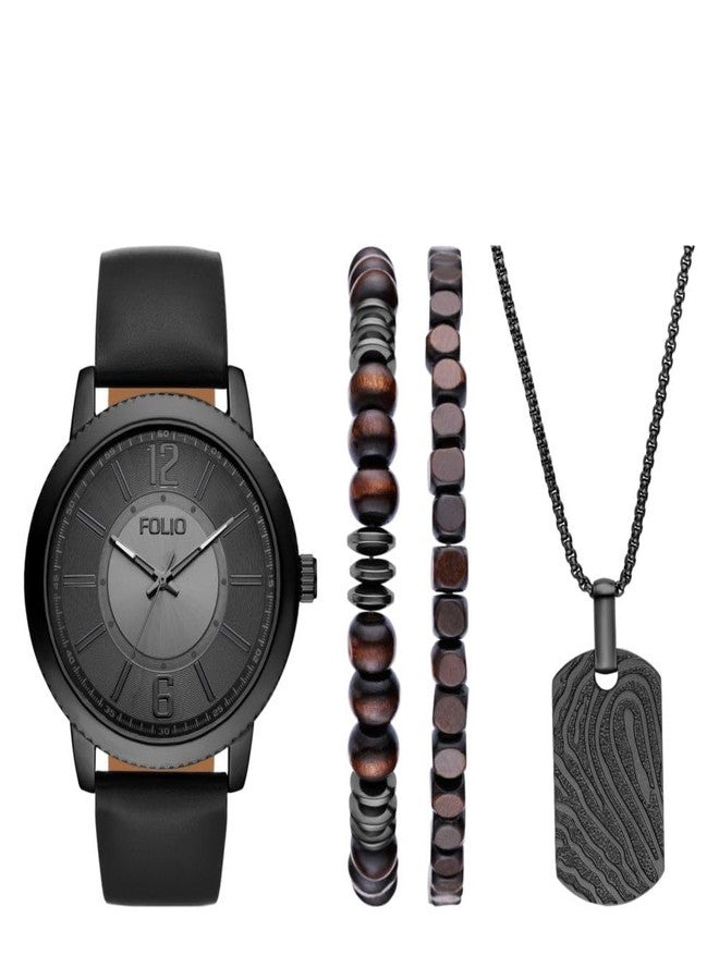 فوليو طقم هدايا ساعة فوليو الرجالية بثلاث عقارب مصنوعة من البولي يوريثان الأسود، أسود - Image 1