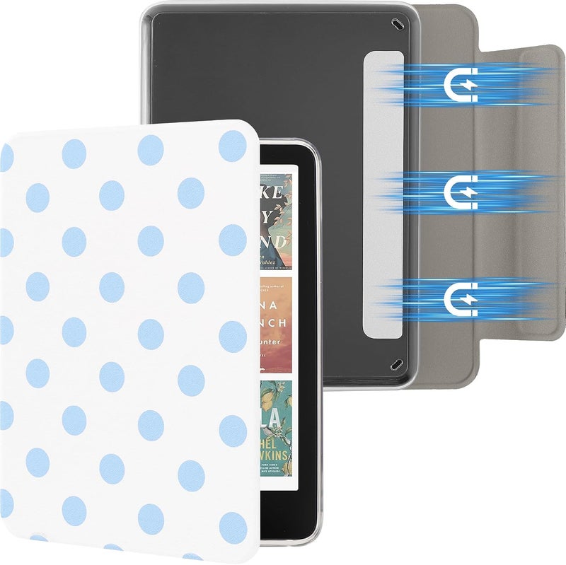 SESENSE Detachable Magnetic Case for 7'' Kindle Paperwhite 12th Gen 2024 and Kindle Colorsoft Signature Edition, Slim PU Shell Cover Case with Auto Wake/Sleep, White with Blue Polka Dots - Image 1