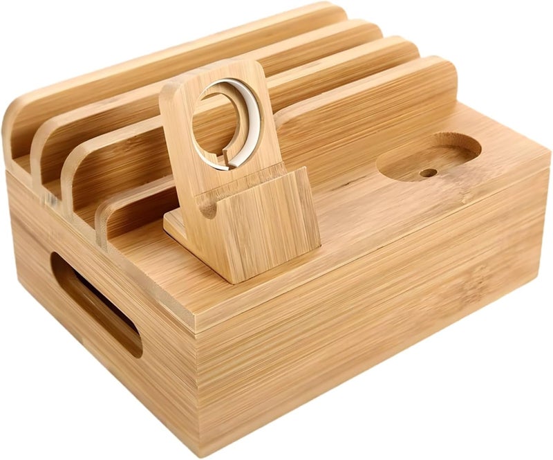 Multi-Device Bamboo Charging Station with Cable Box, 8 Slots and Detachable Watch Stand - Image 1