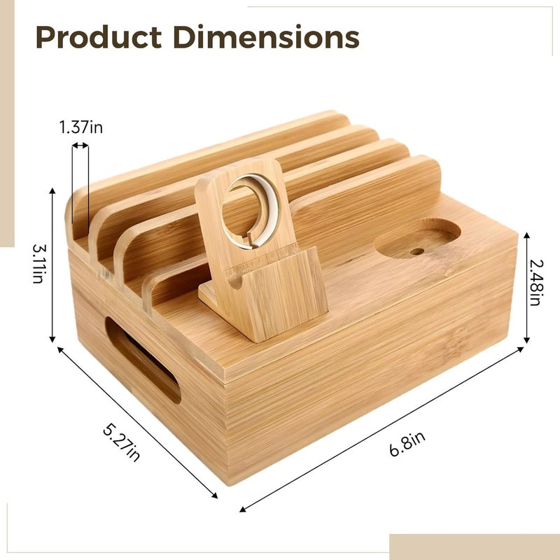 Multi-Device Bamboo Charging Station with Cable Box, 8 Slots and Detachable Watch Stand - Image 2