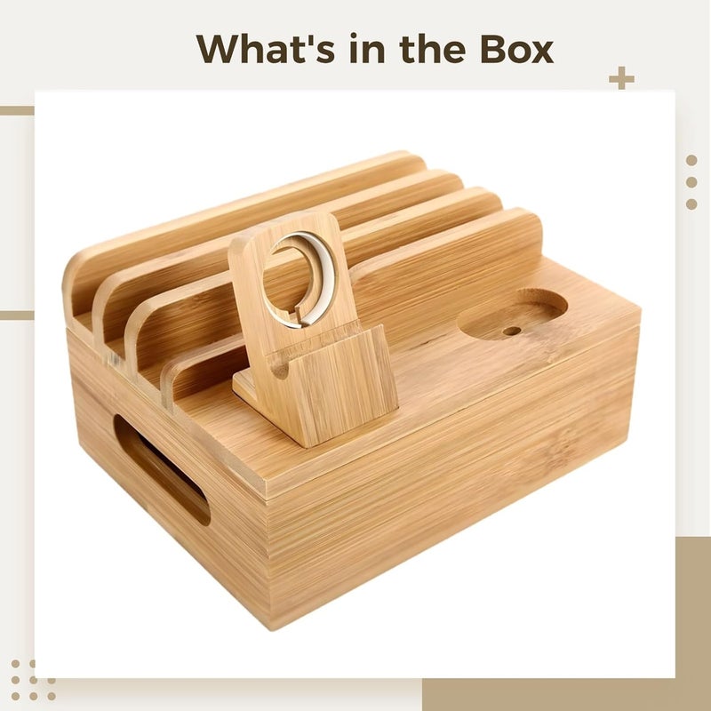 Multi-Device Bamboo Charging Station with Cable Box, 8 Slots and Detachable Watch Stand - Image 3