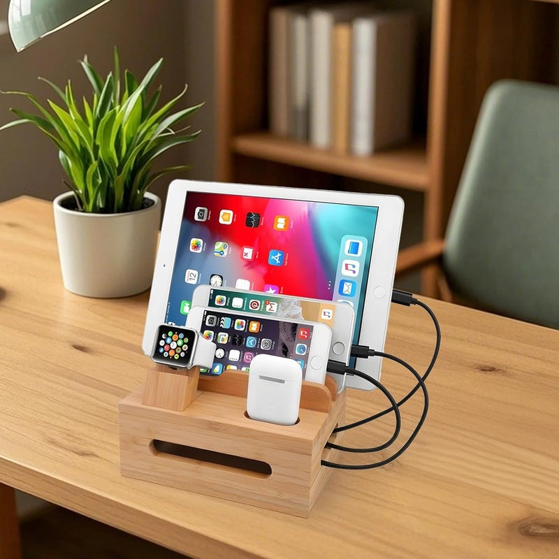 Multi-Device Bamboo Charging Station with Cable Box, 8 Slots and Detachable Watch Stand - Image 4