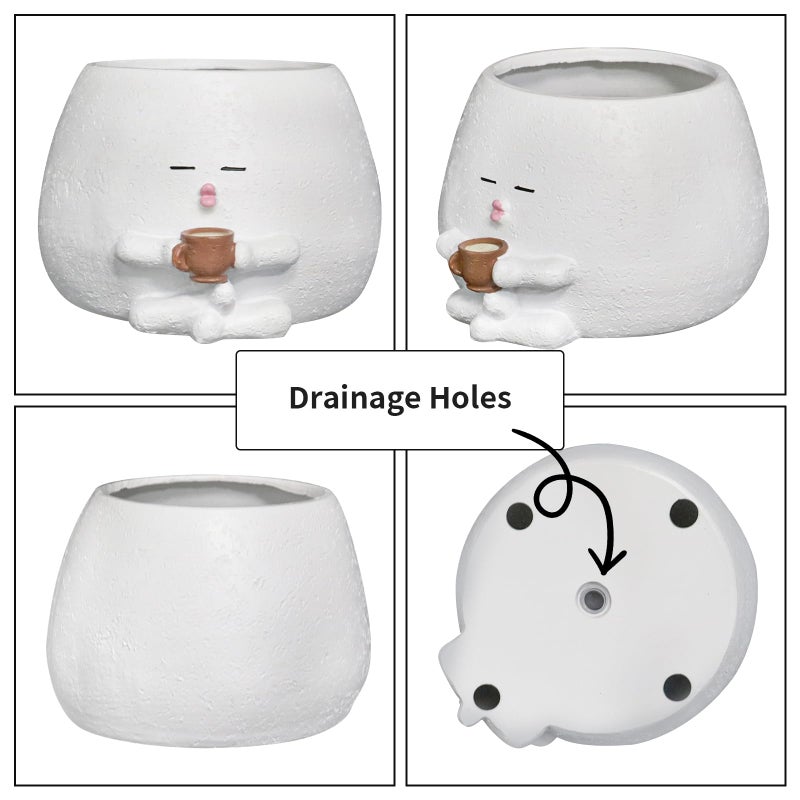 Toparad Smily Face Planter Pot with Coffee Cup Cute Resin Flower Head Planters for Indoor Outdoor Unique Sit Succulent Pots with Drainage Hole Gift IdeaI for Mother Christmas (White) - Image 4