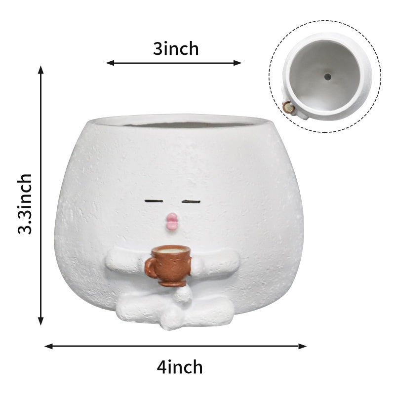 Toparad Smily Face Planter Pot with Coffee Cup Cute Resin Flower Head Planters for Indoor Outdoor Unique Sit Succulent Pots with Drainage Hole Gift IdeaI for Mother Christmas (White) - Image 3