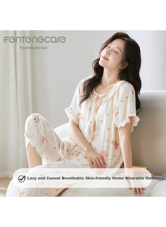 Fentengcare Women's Summer Pajamas With Chest Pad Short Sleeve Seven-point Pants Round Neck Comfortable Casual Can Be Worn Outside Home Service Q3 - Image 2