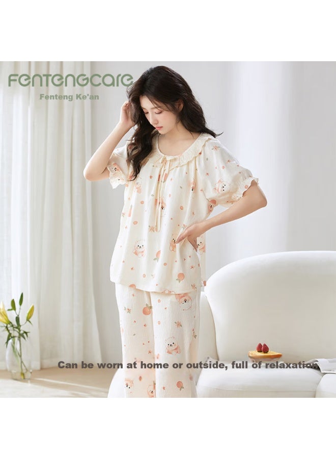 Fentengcare Women's Summer Pajamas With Chest Pad Short Sleeve Seven-point Pants Round Neck Comfortable Casual Can Be Worn Outside Home Service Q3 - Image 1
