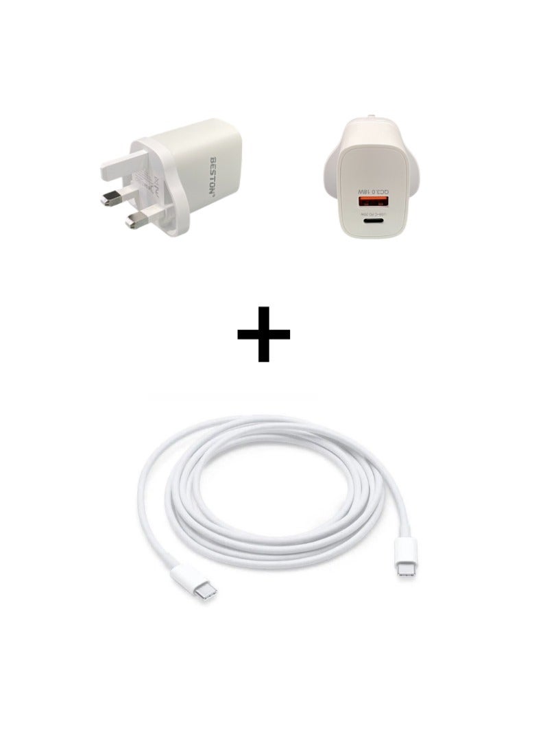 بيستون شاحن سريع بمنفذين USB ونوع C بقدرة 20 وات مع كابل من النوع C إلى النوع C بطول 1 متر