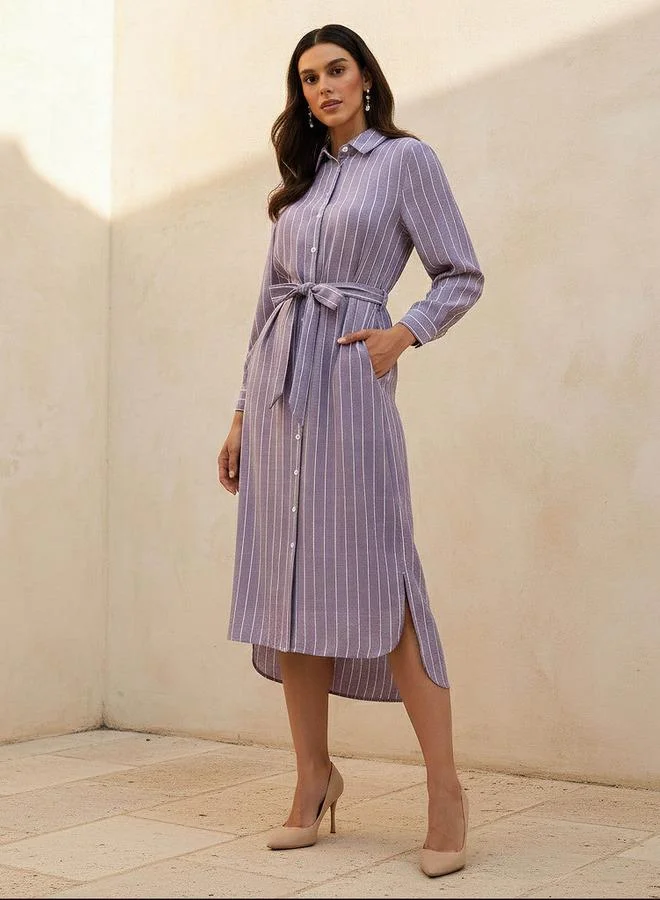 سبلاش فيڤ Striped Women Shirt Dress with Tie Up Belt