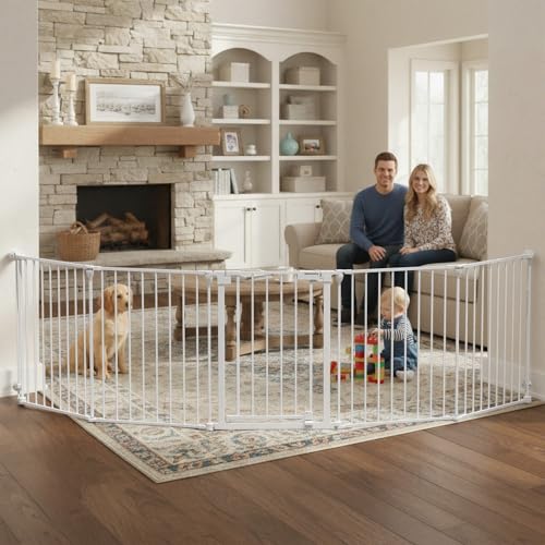 Mumeasy 126" Extra Wide Baby Gate for Doorways, Stairs & Fireplace, Auto Close Safety Dog & Pet Gate with Walk Thru Door, Childproof Fence for Hallway Kitchen House Indoor Outdoor,5 Metal Panels,White - Image 1