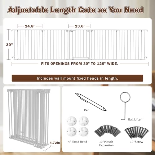 Mumeasy 126" Extra Wide Baby Gate for Doorways, Stairs & Fireplace, Auto Close Safety Dog & Pet Gate with Walk Thru Door, Childproof Fence for Hallway Kitchen House Indoor Outdoor,5 Metal Panels,White - Image 2
