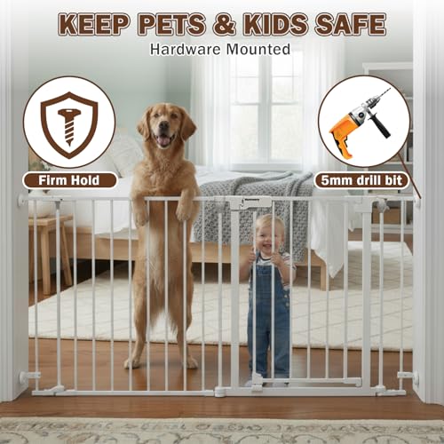 Mumeasy 126" Extra Wide Baby Gate for Doorways, Stairs & Fireplace, Auto Close Safety Dog & Pet Gate with Walk Thru Door, Childproof Fence for Hallway Kitchen House Indoor Outdoor,5 Metal Panels,White - Image 4