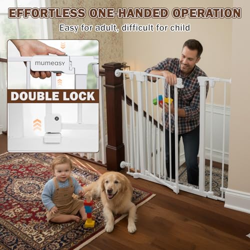 Mumeasy 126" Extra Wide Baby Gate for Doorways, Stairs & Fireplace, Auto Close Safety Dog & Pet Gate with Walk Thru Door, Childproof Fence for Hallway Kitchen House Indoor Outdoor,5 Metal Panels,White - Image 3