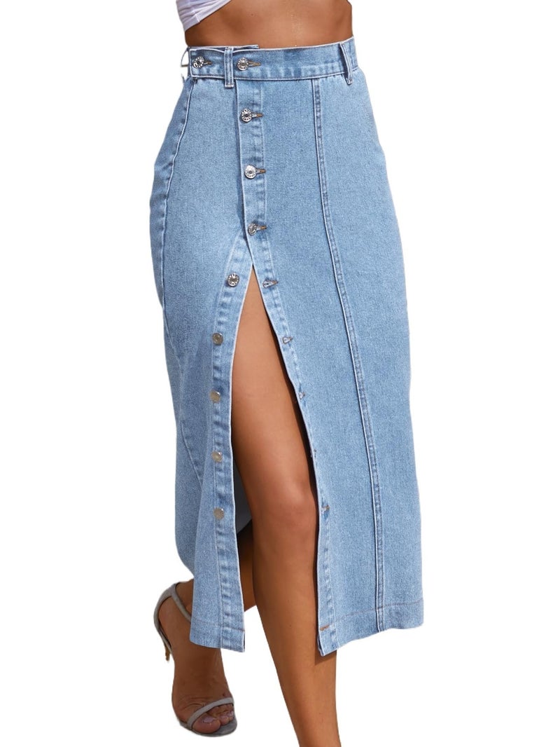 HBQ Trendy High Waisted Denim Skirt for Women Button Front Slit Midi Skirt for Ladies Fashion 2025 Summer-Light Blue-M - Image 1