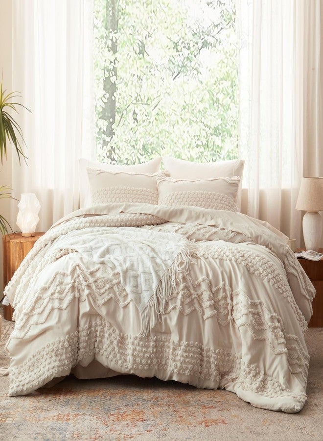 Luxudecor Beige Tufted Comforter Set King Size 3 Pieces Boho Shabby Chic Comforter Farmhouse Embroidery Bedding Set Soft Jacquard Comforter for All Seasons (Beige, 104''x90'') - Image 2