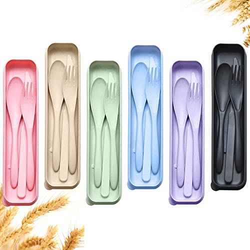 YDYTOP Reusable Travel Utensils Set with Case, 6 Sets Wheat Straw Portable Knife Fork Spoons Cutlery, Eco-Friendly BPA Free Plastic Tableware for Kids Adults Travel Picnic Camping Utensils - Image 1