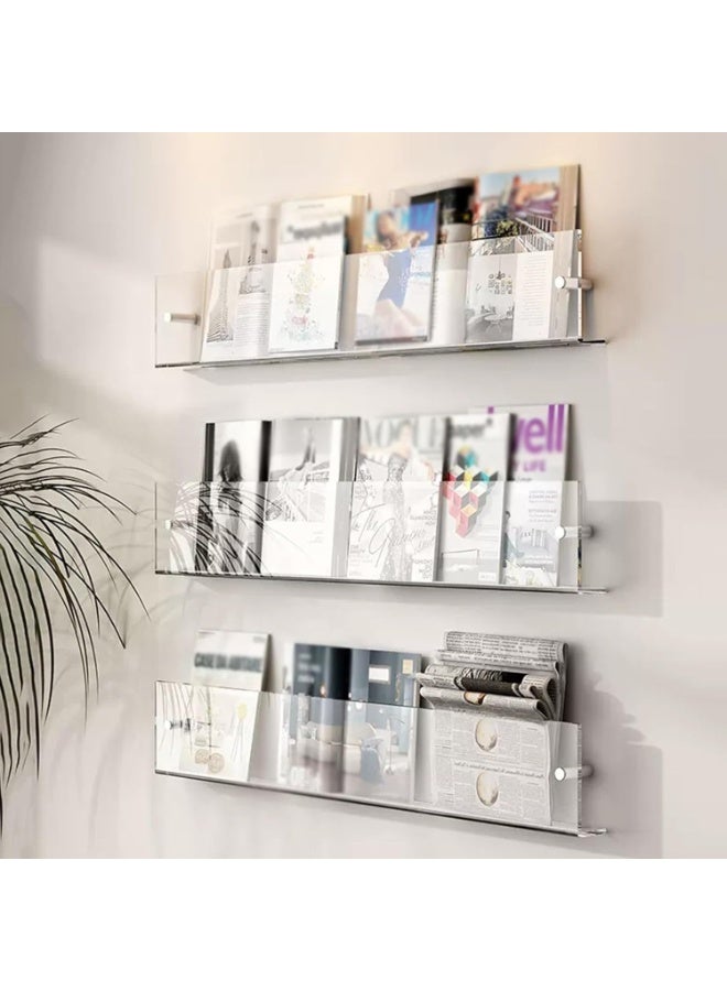 سلاسة حامل منشورات جداري أكريليك بثلاث طبقات لملفات ومجلات وصحف ومواد القراءة – رف شفاف معلق كبير لغرف الأطفال والمكاتب والمنازل للتخزين والتنظيم (100 سم) - Image 1