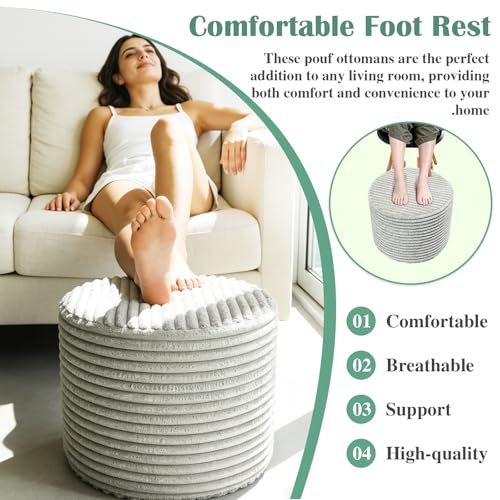 Setguopal Round Pouf Ottoman, Stuffed Floor Pouf with Foam Chunk Filling, Soft Coral Fleece Furry Foot Rest Stool, Multi-Use Ottoman for Living Room, Wide Stripe Boho Decor,Dark Gray - Image 4