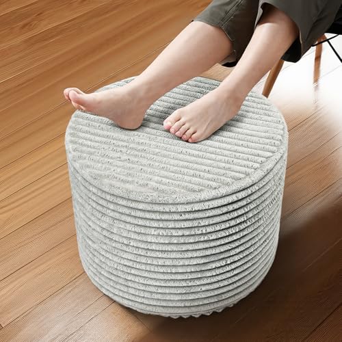 Setguopal Round Pouf Ottoman, Stuffed Floor Pouf with Foam Chunk Filling, Soft Coral Fleece Furry Foot Rest Stool, Multi-Use Ottoman for Living Room, Wide Stripe Boho Decor,Dark Gray - Image 1