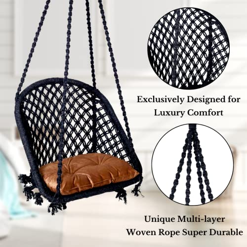 Patiofy Swing For Adults&Kids/Swing For Balcony/Swing Chair For Adults For Home/Cotton D Shape Wooden Swing/Jhula Swing For Indoor Outdoor Garden/Includes Hanging Kit&Brown Cushion-Black,20 Cm,60 In - Image 5