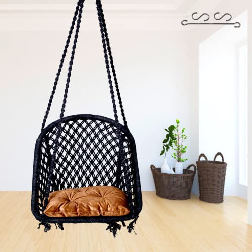 Patiofy Swing For Adults&Kids/Swing For Balcony/Swing Chair For Adults For Home/Cotton D Shape Wooden Swing/Jhula Swing For Indoor Outdoor Garden/Includes Hanging Kit&Brown Cushion-Black,20 Cm,60 In - Image 1