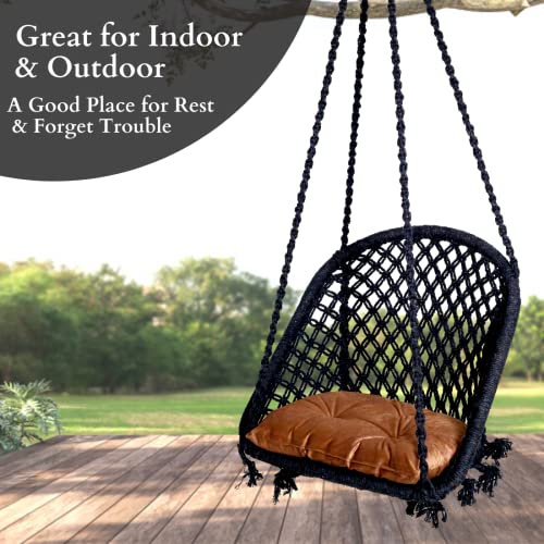 Patiofy Swing For Adults&Kids/Swing For Balcony/Swing Chair For Adults For Home/Cotton D Shape Wooden Swing/Jhula Swing For Indoor Outdoor Garden/Includes Hanging Kit&Brown Cushion-Black,20 Cm,60 In - Image 2