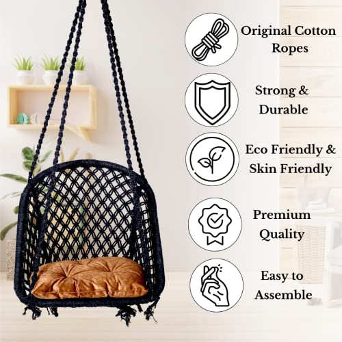 Patiofy Swing For Adults&Kids/Swing For Balcony/Swing Chair For Adults For Home/Cotton D Shape Wooden Swing/Jhula Swing For Indoor Outdoor Garden/Includes Hanging Kit&Brown Cushion-Black,20 Cm,60 In - Image 4