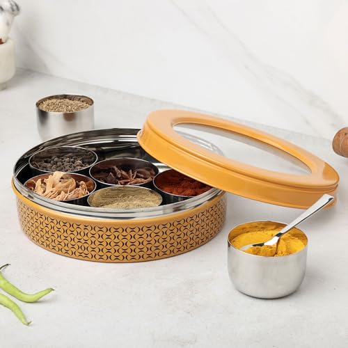 dudki 7 in 1 Stainless Steel Spice box for kitchen sturdy Masala dabba jar for Spices Seamless Design (Caramel Orange) - Image 2