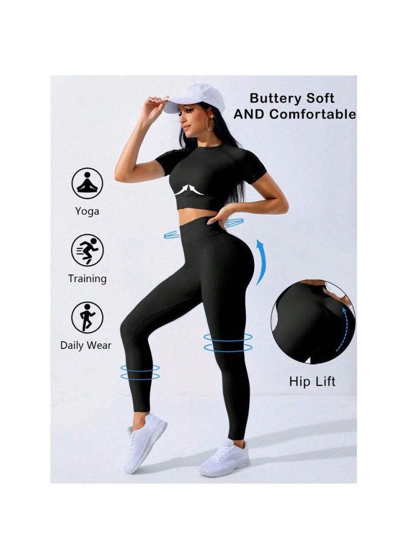 Generic - Seamless 5-Color Yoga Set Short Sleeve Peach Hip Pants Fitness Outfit Black - Image 1