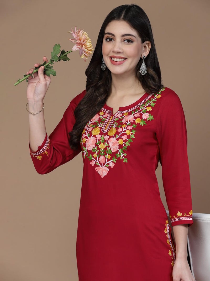 QAZMI Women's Kashmiri Embroidered 3/4 Sleeves Viscose Rayon Straight Red Kurta - Image 4