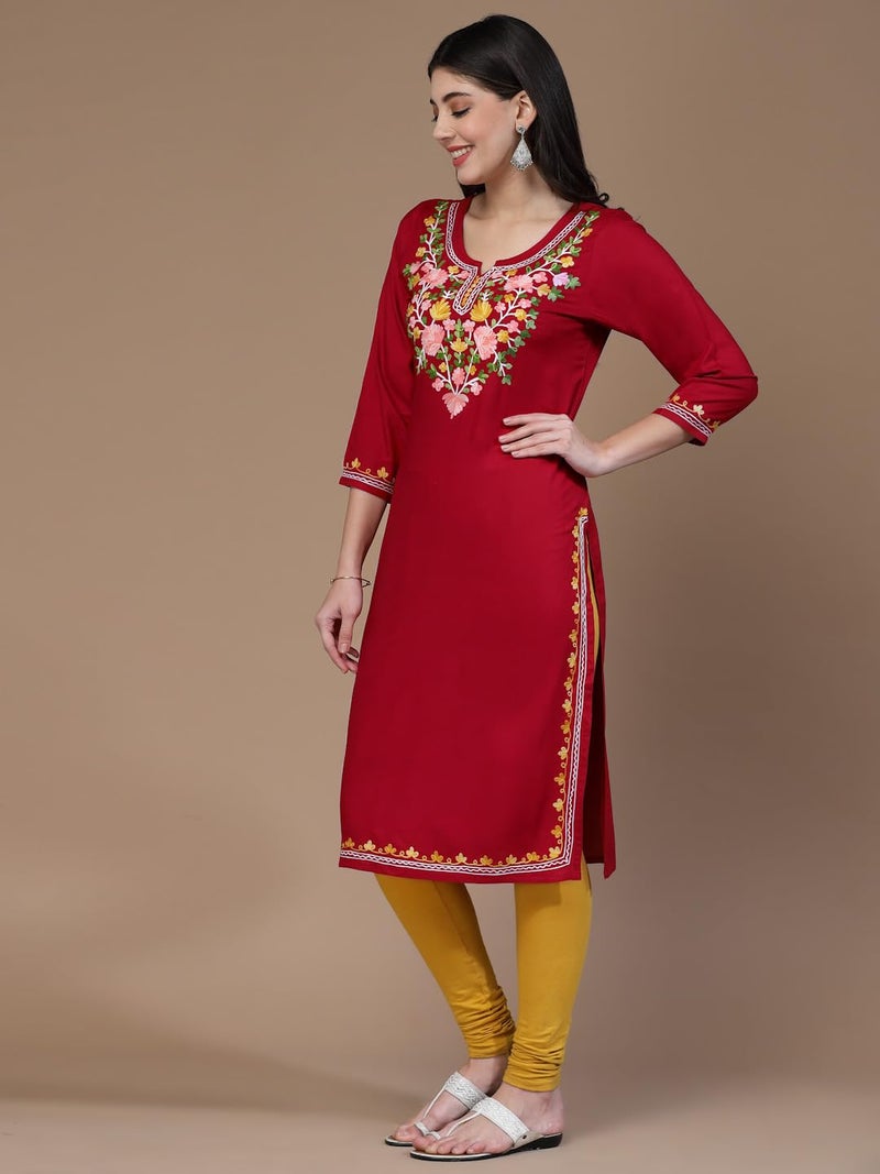 QAZMI Women's Kashmiri Embroidered 3/4 Sleeves Viscose Rayon Straight Red Kurta - Image 2