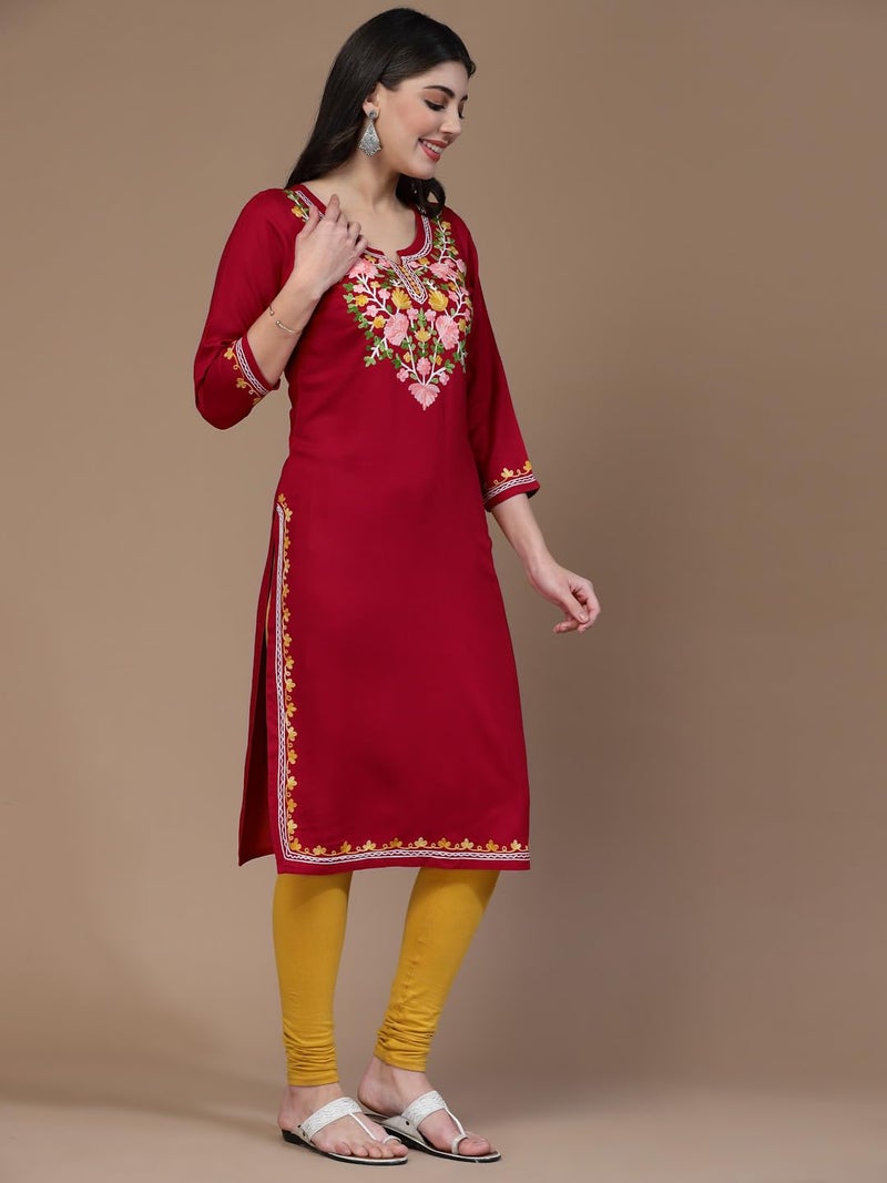 QAZMI Women's Kashmiri Embroidered 3/4 Sleeves Viscose Rayon Straight Red Kurta - Image 3