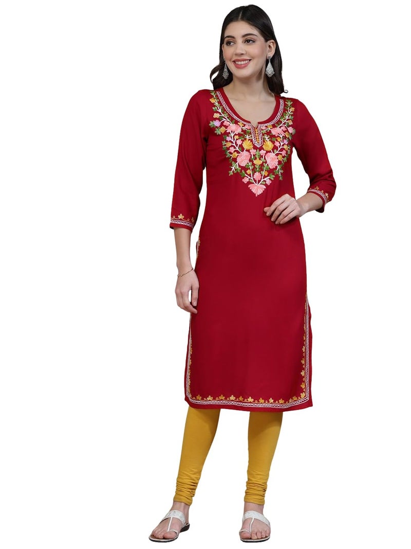 QAZMI Women's Kashmiri Embroidered 3/4 Sleeves Viscose Rayon Straight Red Kurta - Image 1