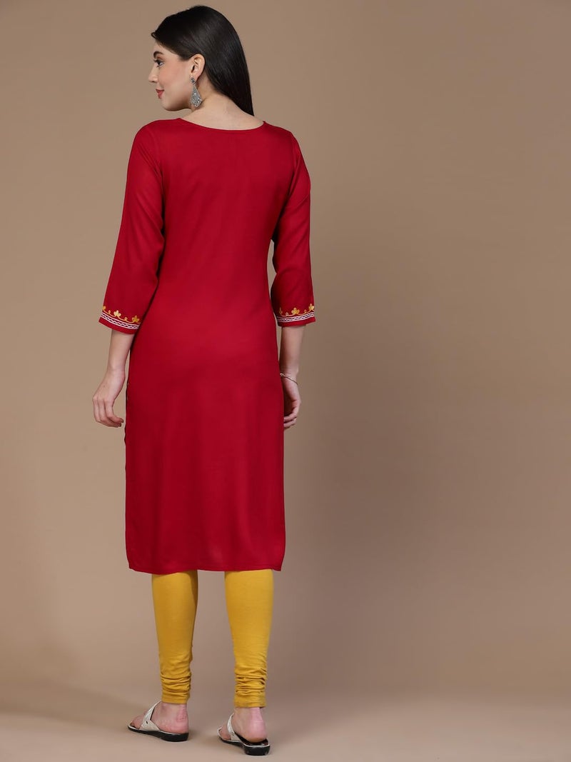 QAZMI Women's Kashmiri Embroidered 3/4 Sleeves Viscose Rayon Straight Red Kurta - Image 5