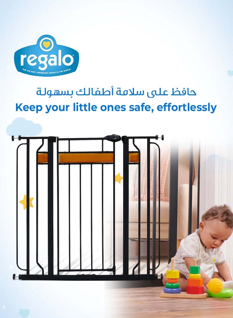 ريجالو بوابة أطفال عالية جدًا بتصميم فاخر | إطار معدني أسود مع لمسات من خشب الكرز | تصميم سهل المرور | تناسب الفتحات من 76 إلى 105.5 سم (30-42 بوصة) | ارتفاع 93.98 سم (37 بوصة) | آمنة ومتينة | تركيب وإعداد سهل - Image 2