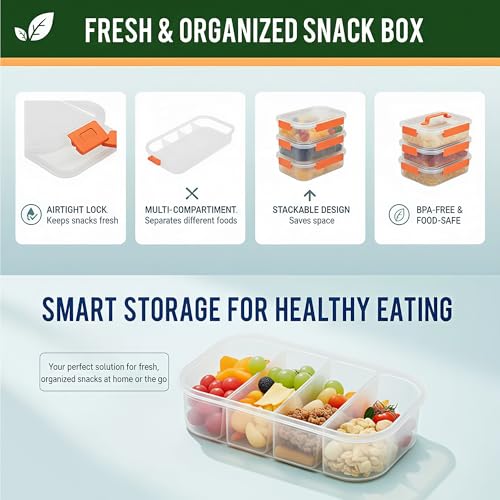 Li & Zhao Snackle Box Container - 4-Compartment Divided Snack Serving Tray with Silicone Handle, Perfect for Picnics, Leak-Proof, and Dishwasher-Safe Dressing Containers(Orange) - Image 5