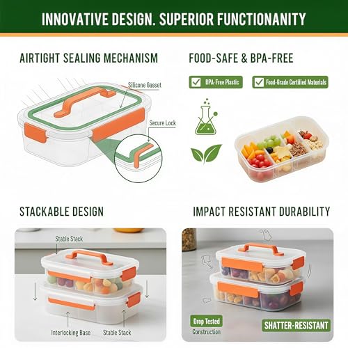 Li & Zhao Snackle Box Container - 4-Compartment Divided Snack Serving Tray with Silicone Handle, Perfect for Picnics, Leak-Proof, and Dishwasher-Safe Dressing Containers(Orange) - Image 3