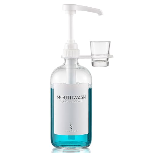 Onsogi Glass Mouthwash Dispenser with Cup Holder and Pump, 16 Oz Rustic Boho Mouthwash Dispenser for Bathroom Farmhouse Decor - 1 Pack Clear - Image 1