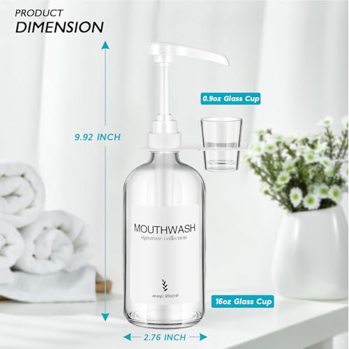Onsogi Glass Mouthwash Dispenser with Cup Holder and Pump, 16 Oz Rustic Boho Mouthwash Dispenser for Bathroom Farmhouse Decor - 1 Pack Clear - Image 3